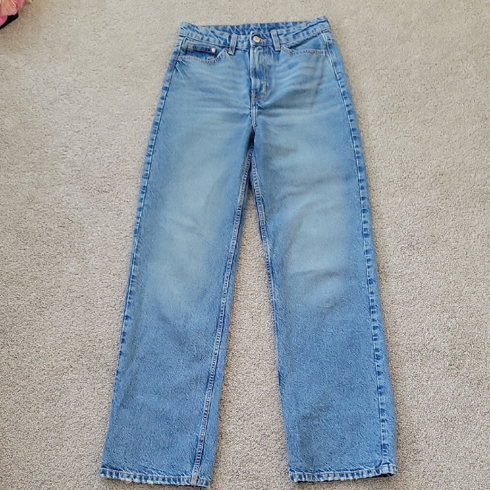 &Denim Women's High Waist Blue Jeans, straight Leg Fit.